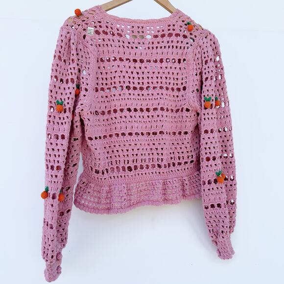 New Farm Rio Orange Tassel Crochet Cardigan Sweater Pink Boho Blouse Knit Small - Picture 9 of 12